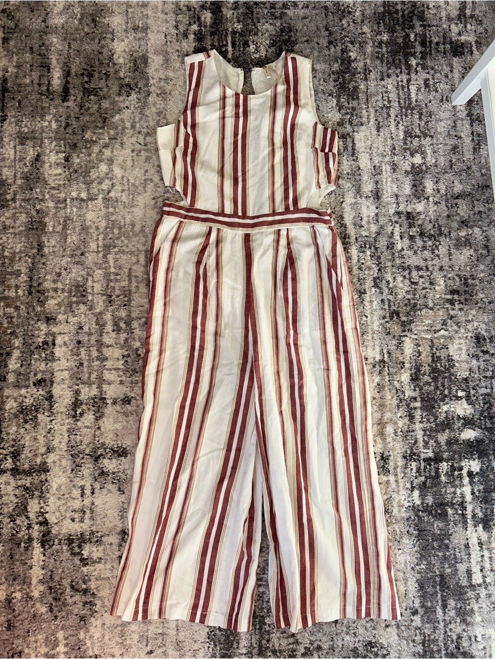 Japna Cream and Burgundy Striped Sleeveless Jumpsuit